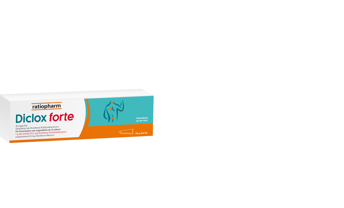 Anzeige: Diclox forte. Das stärkste Schmerzgel von ratiopharm. Effektive Hilfe bei Rücken- und Gelenkschmerzen.