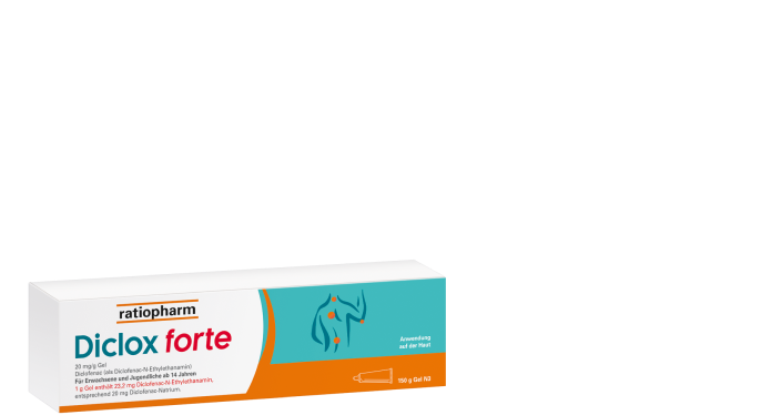 Anzeige: Diclox forte. Das stärkste Schmerzgel von ratiopharm. Effektive Hilfe bei Rücken- und Gelenkschmerzen.