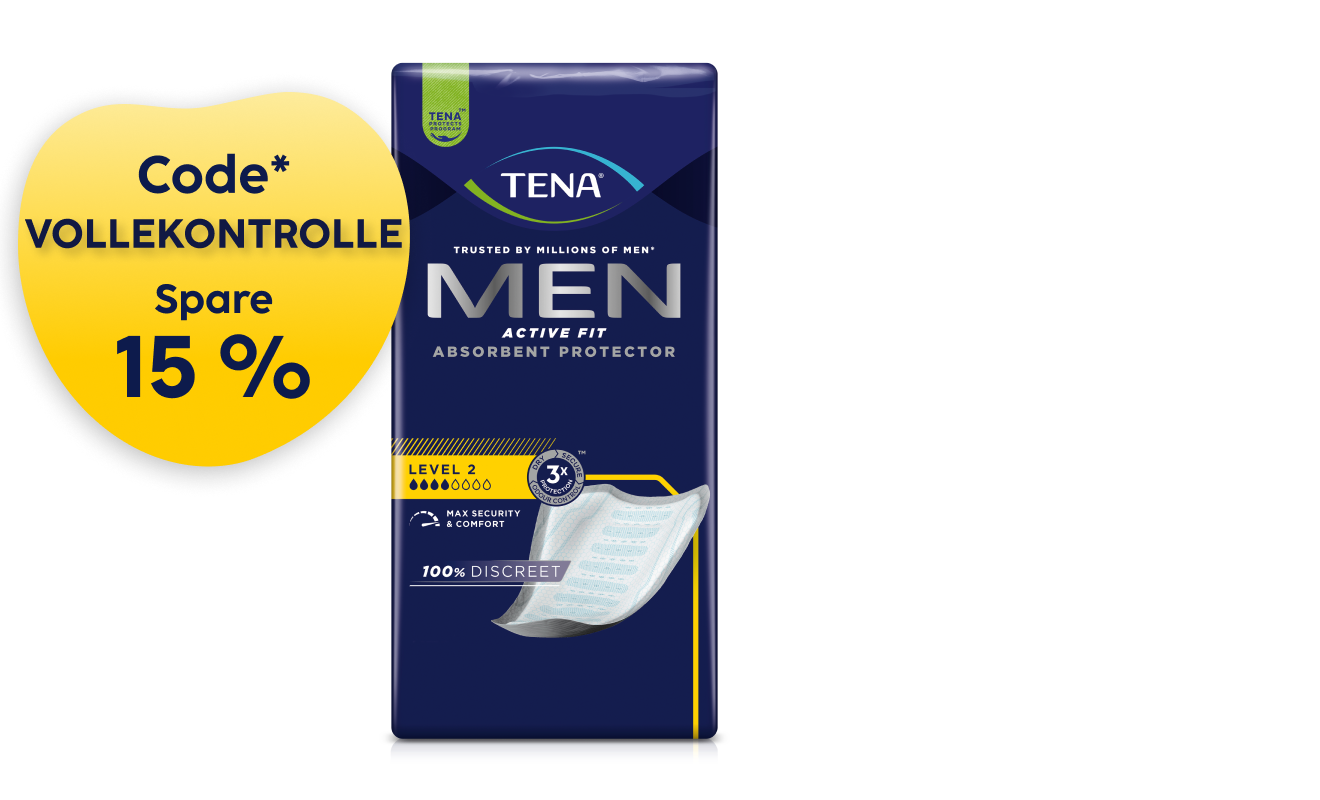 Anzeige: Spare 15% auf die diskreten Inkontinenzeinlagen von Tena für Männer.